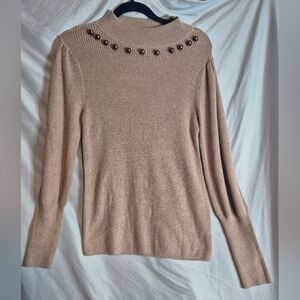NIC+ZOE Tan Sweater‎ with Pearl Details+